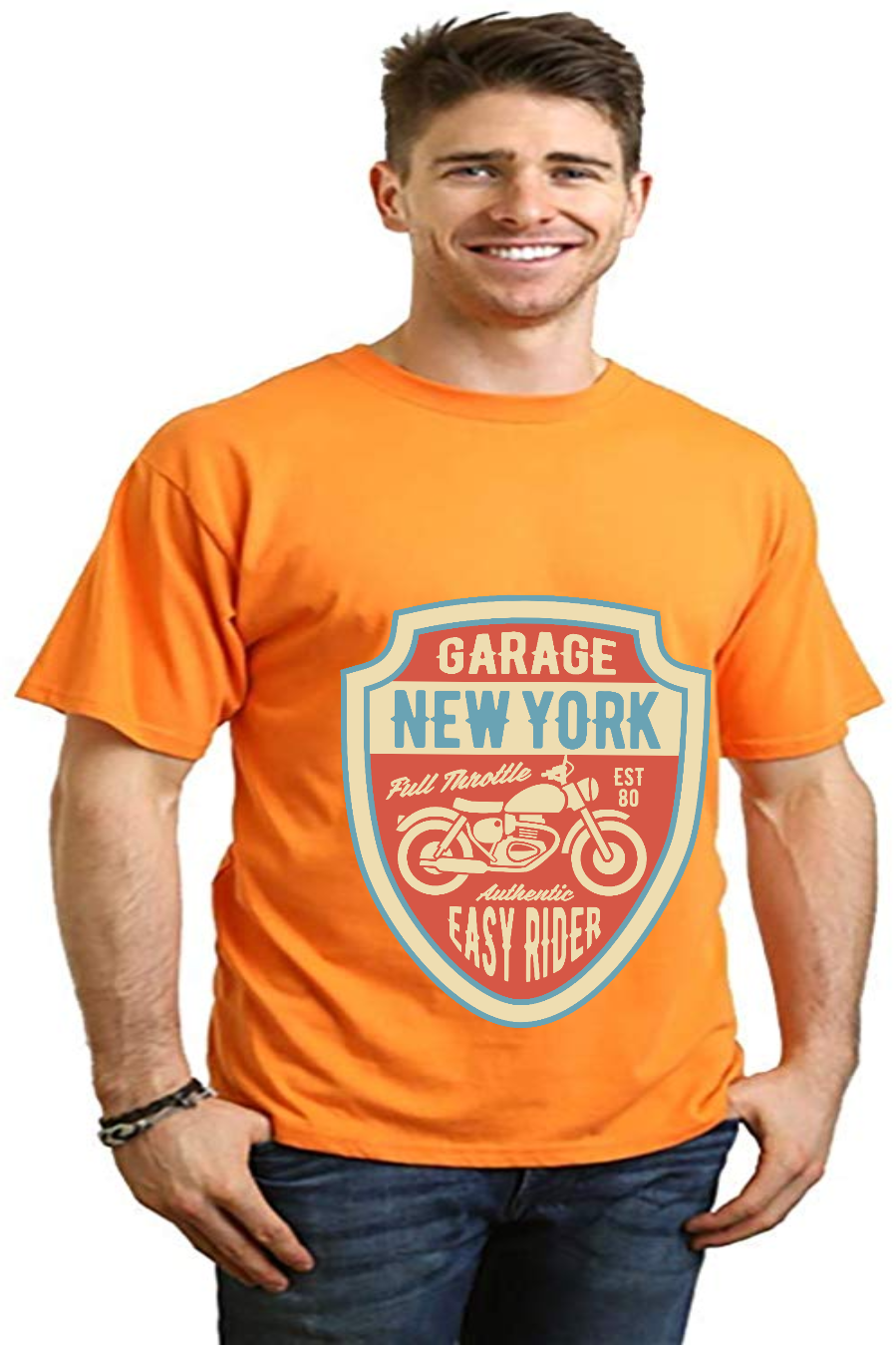 Garage New York men's orange short sleeve graphic tee with motorcycle shield on Tampa Home & Garden Store