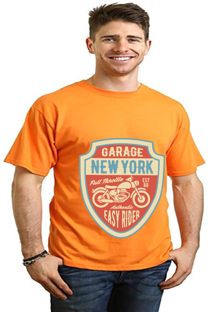 Garage New York men's orange short sleeve graphic tee with motorcycle shield on Tampa Home & Garden Store