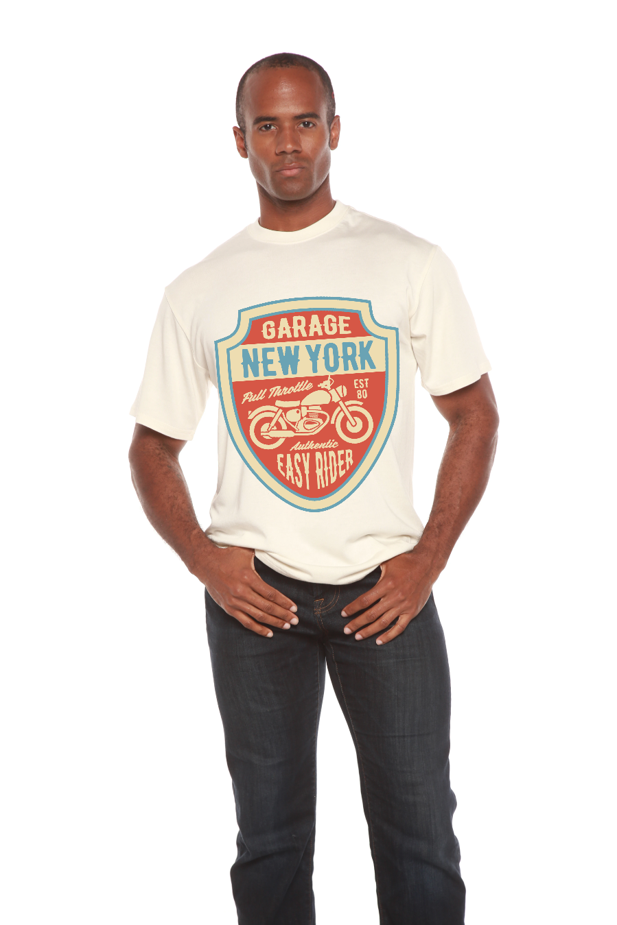 Garage New York men's graphic T-shirt in cream with teal shield and motorcycle print Spun Bamboo on Tampa Home & Garden Store