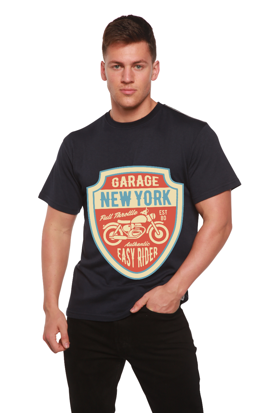 Garage New York navy graphic tee with shield motorcycle by Spun Bamboo on Tampa Home & Garden Store