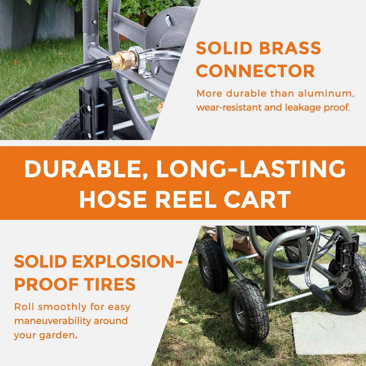 Carrete para manguera de jardín de 4 ruedas, resistente