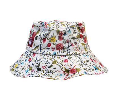 Cotton bucket sun hat Garden of Paradise print, white base with colorful florals by Womanswork on Tampa Home & Garden Store