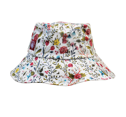 Cotton bucket sun hat Garden of Paradise print, white base with colorful florals by Womanswork on Tampa Home & Garden Store