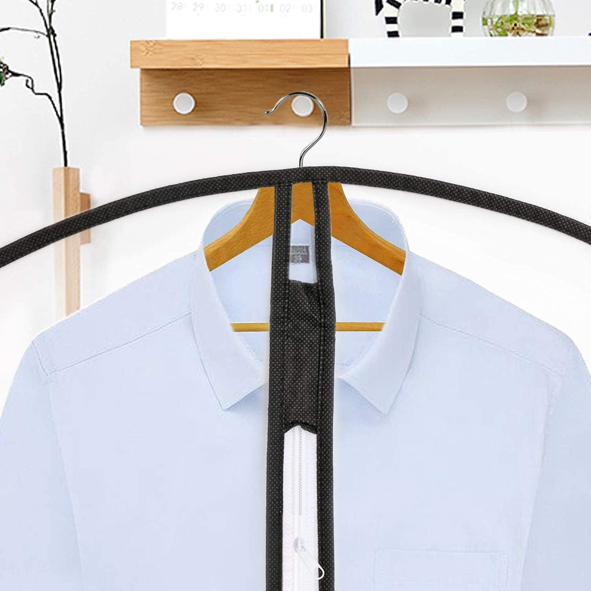 Moktan Sabai 4-pack extra-long garment bag 180cm with white zipper on hanger over light blue dress shirt on Tampa Home & Garden Store