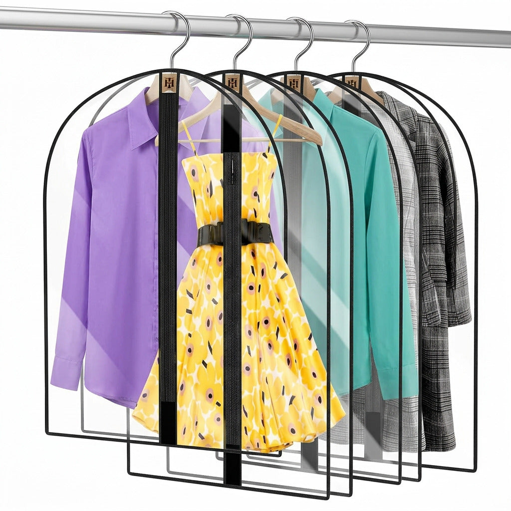 4-pack Moktan Sabai extra-long garment bags 180cm dress covers with frames hanging on a rod on Tampa Home & Garden Store
