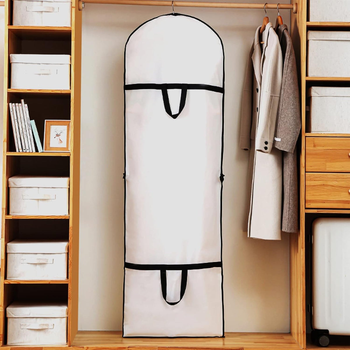 Moktan Sabai garment bags 180cm dress cover white with black trim hanging in closet on Tampa Home & Garden Store