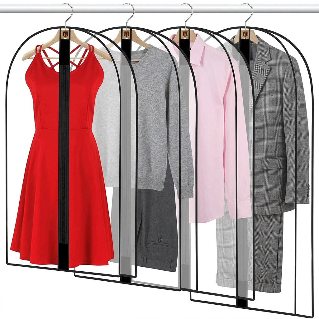 4-pack 180cm garment bags with clear sleeves; shows red dress, grey top, pink shirt, plaid suit on Tampa Home & Garden Store