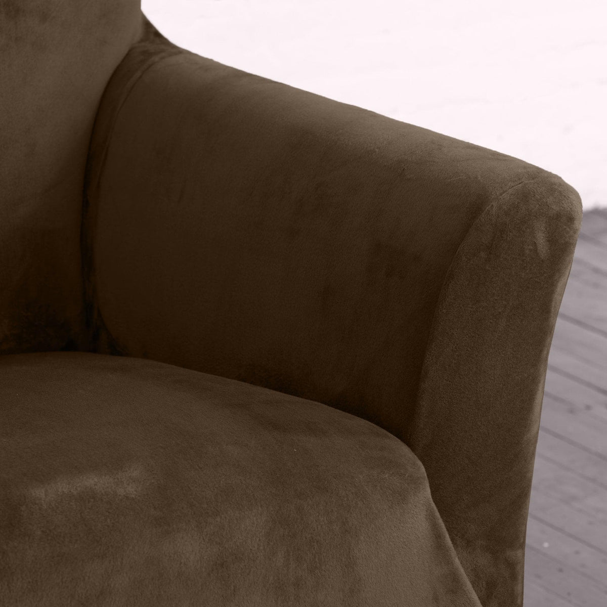 Velvet stretch slipcover Gale Collection for Great Bay Home on brown upholstered chair on Tampa Home & Garden Store