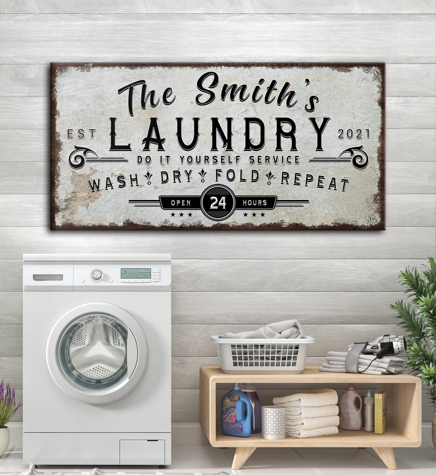Personalized Laundry Room Sign canvas by Tailored Canvases with rustic gray distressed background on Tampa Home & Garden Store