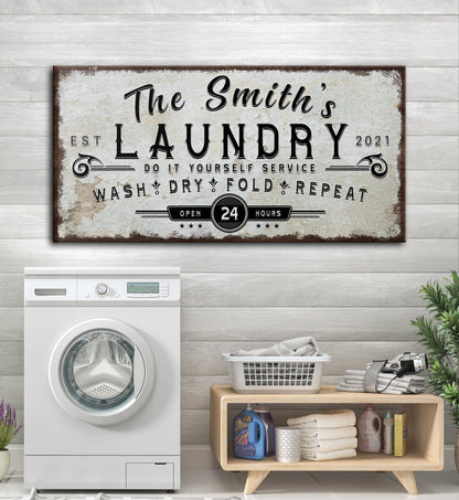 Personalized Laundry Room Sign canvas by Tailored Canvases with rustic gray distressed background on Tampa Home & Garden Store
