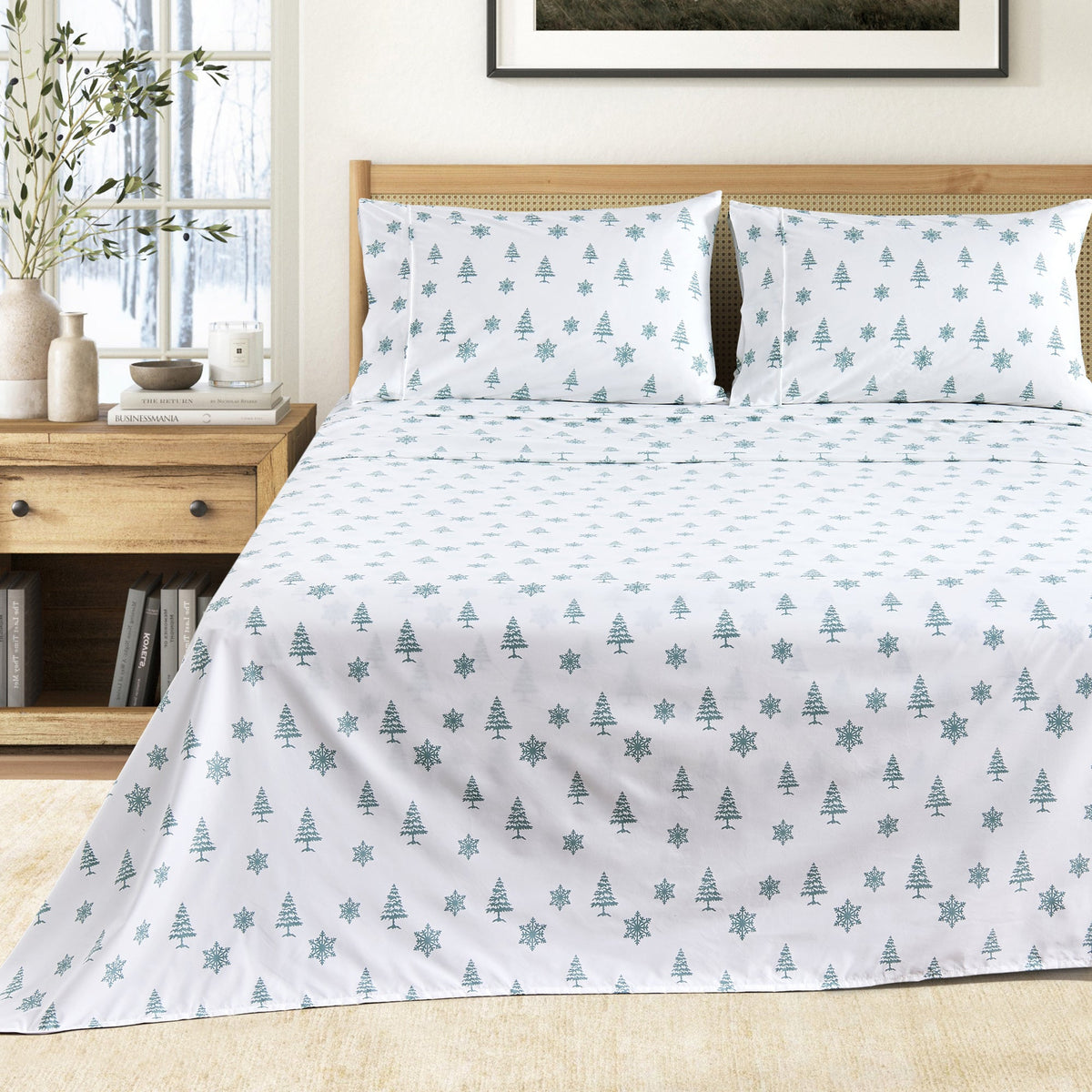 Printed Sheet Set Baylor Collection; white sheets with teal trees and snowflakes, pillowcases on Tampa Home & Garden Store