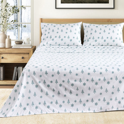Printed Sheet Set Baylor Collection; white sheets with teal trees and snowflakes, pillowcases on Tampa Home & Garden Store