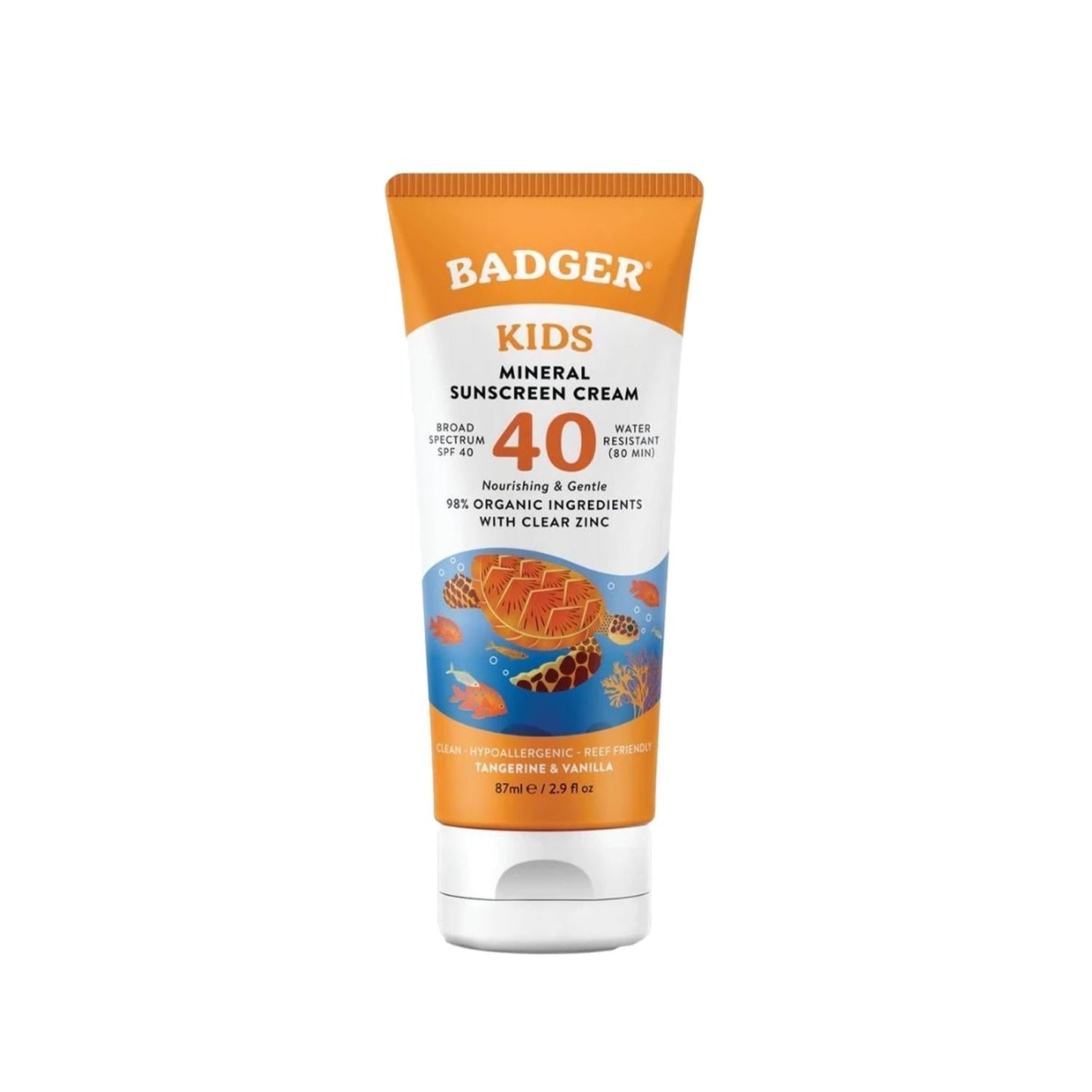 Badger Kids mineral sunscreen SPF 40 tube with orange cap, clear zinc 2.9 fl oz on Tampa Home & Garden Store