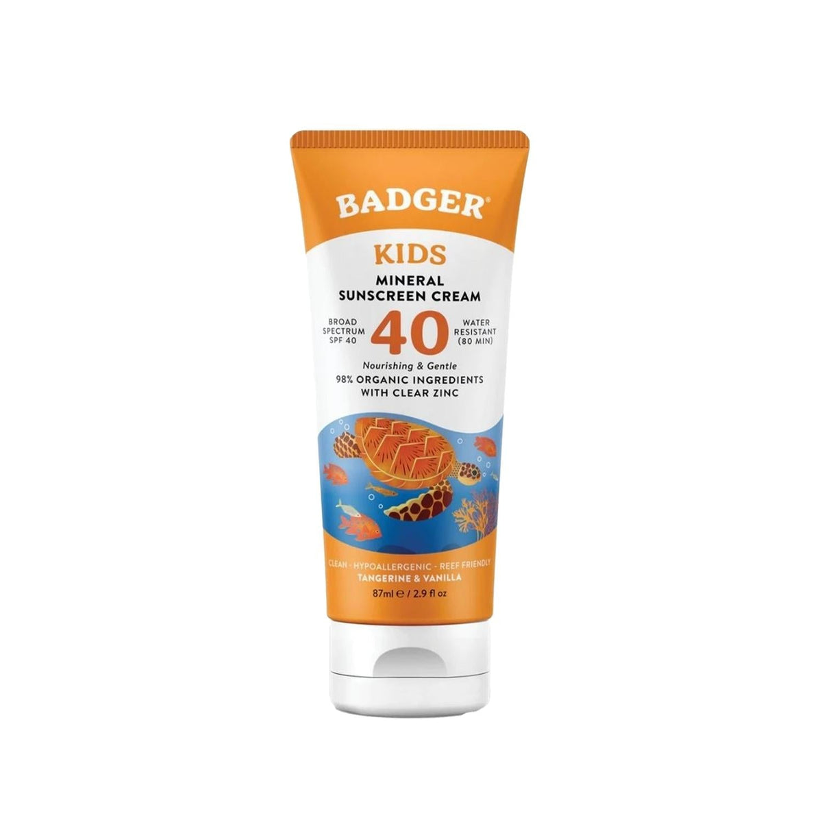 Badger Kids mineral sunscreen SPF 40 tube with orange cap, clear zinc 2.9 fl oz on Tampa Home & Garden Store