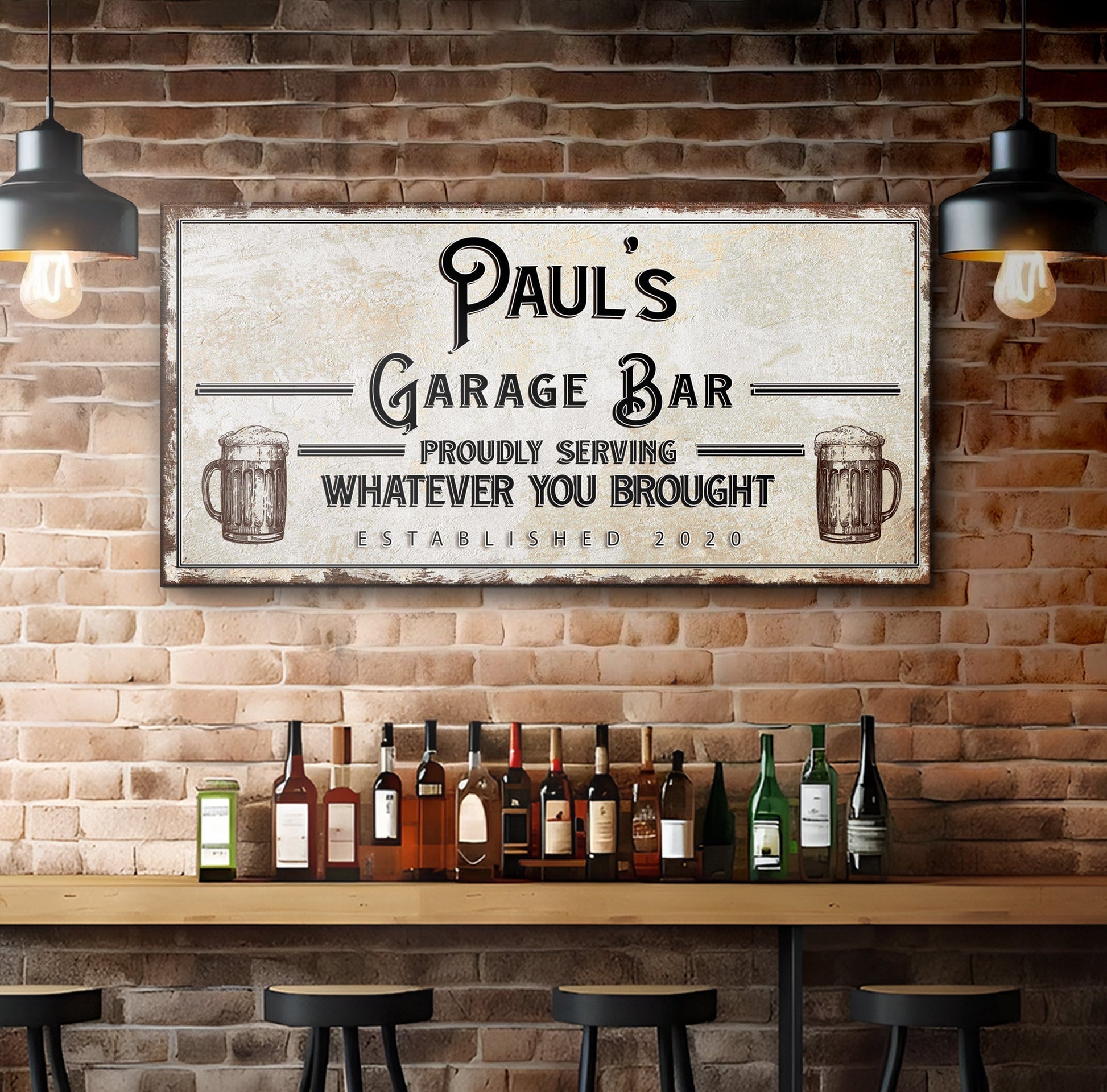 Canvas sign Tailored Canvases rustic garage bar decor with Paul's Garage Bar text and beer mugs on Tampa Home & Garden Store