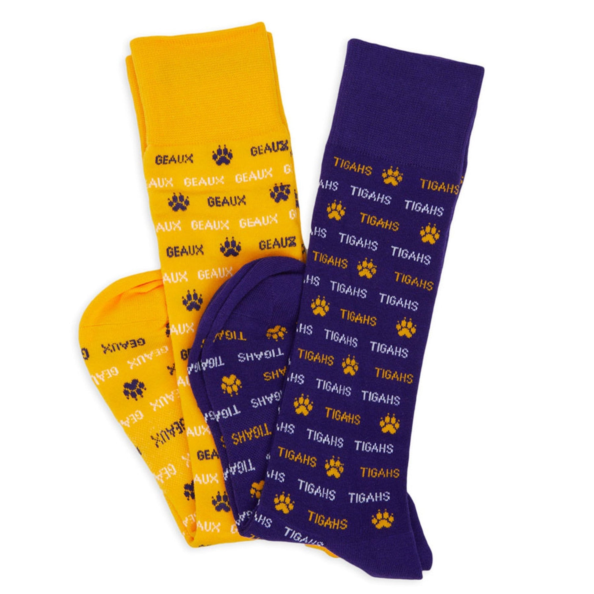 Geaux Tigahs 2-pack socks in yellow and purple with paw print logos by DeadSoxy on Tampa Home & Garden Store