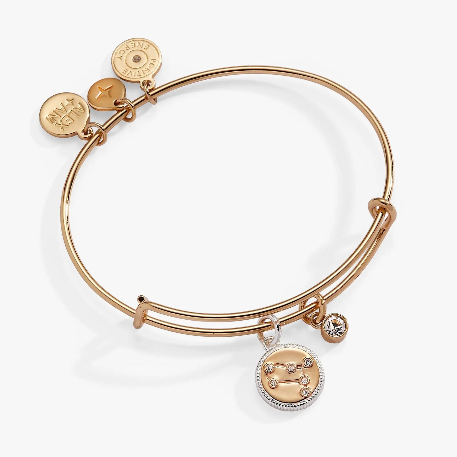 Gemini zodiac charm bangle by Alex and Ani in rose gold with crystal charms on Tampa Home & Garden Store
