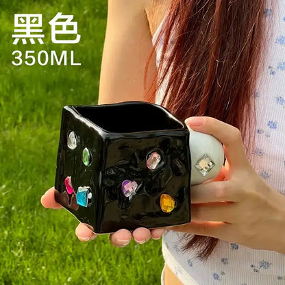 Gemstone black ceramic square planter with colorful gem inlays 350ML Decorbites on Tampa Home & Garden Store