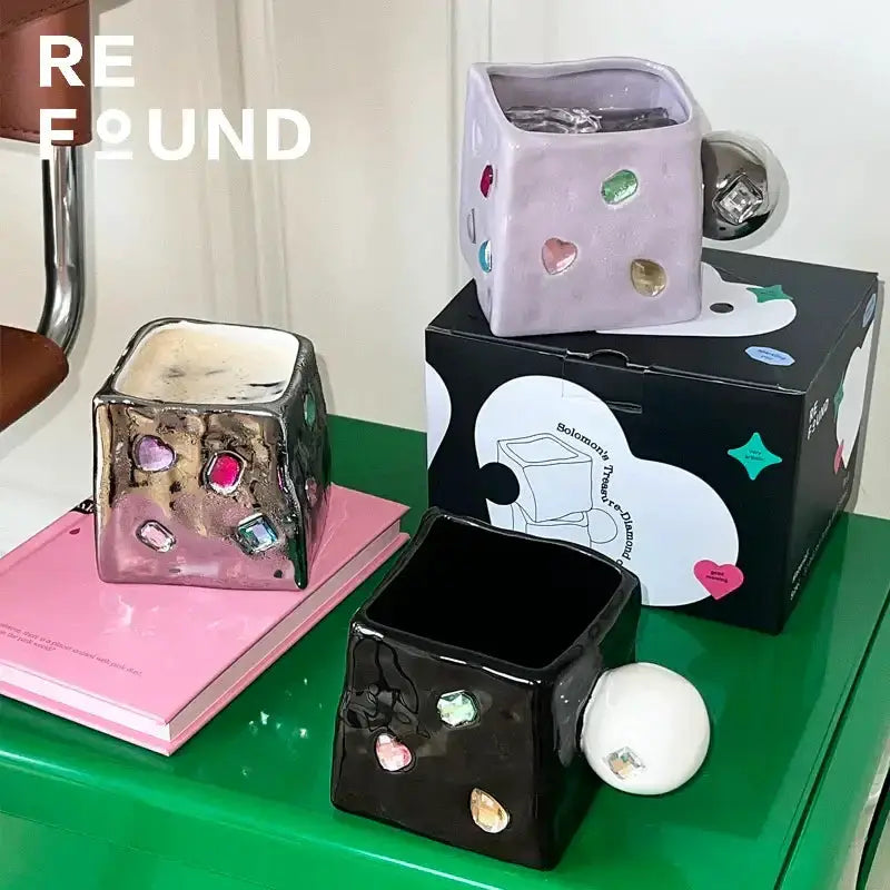 Decorbites gemstone ceramic square planter set in black pink silver lavender with gem inlays on Tampa Home & Garden Store