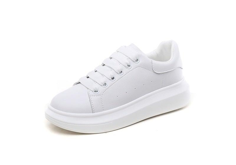 Stevvex women's white leather platform sneakers with lace-up design and chunky sole on Tampa Home & Garden Store