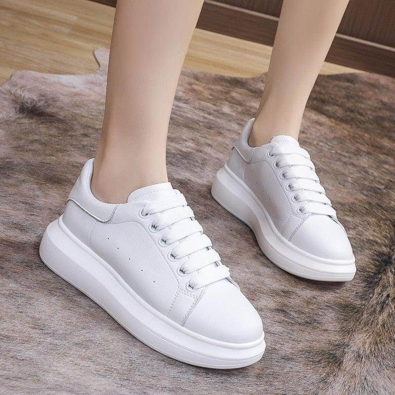 Stevvex white genuine leather women platform sneakers with lace-up thick sole pair on Tampa Home & Garden Store