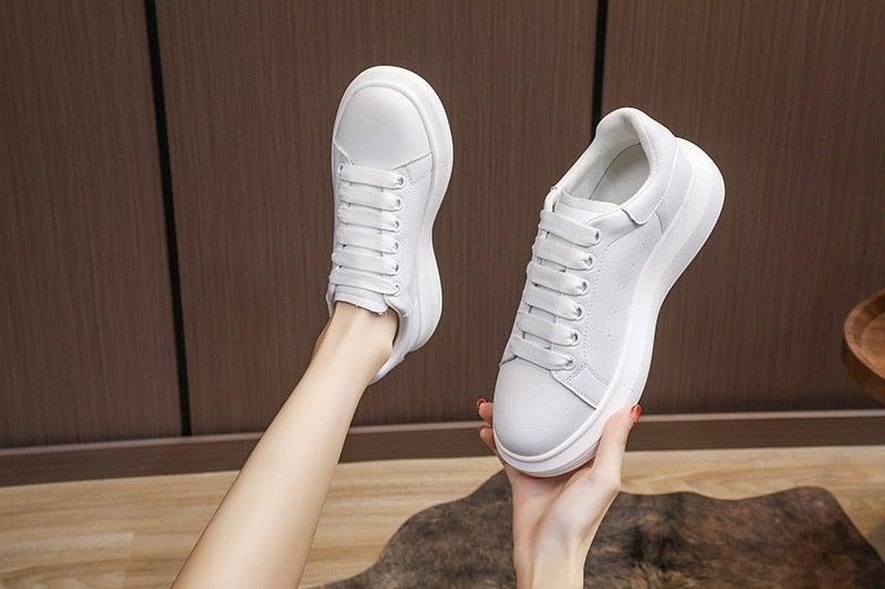 Genuine leather women's platform sneakers white Stevvex lace-up casual walking shoes on Tampa Home & Garden Store