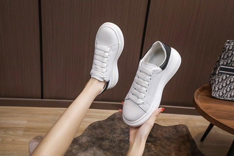 Genuine leather women platform sneakers white lace-up casual walking shoes with black heel on Tampa Home & Garden Store