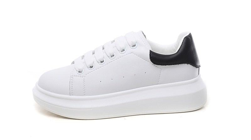 White genuine leather women platform sneakers with black heel, lace-up casual walking shoes on Tampa Home & Garden Store