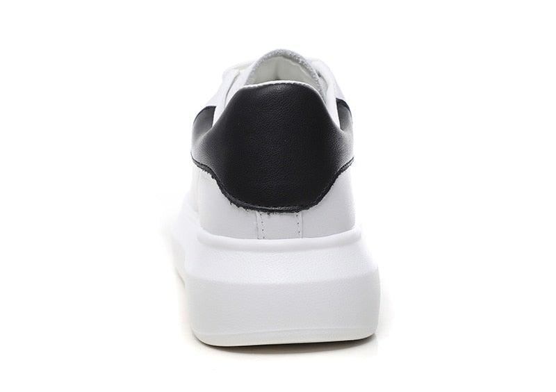 Genuine leather women platform sneakers, white with black heel, lace-up walking shoes on Tampa Home & Garden Store