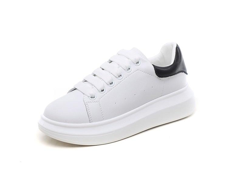 Genuine leather women's platform sneakers white with black heel lace-up walking shoes on Tampa Home & Garden Store