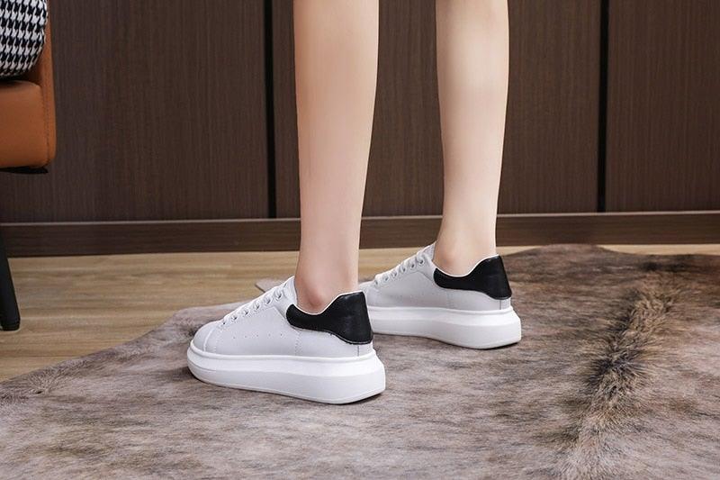 Stevvex women's white leather platform sneakers, lace-up, black heel counter, chunky sole on Tampa Home & Garden Store