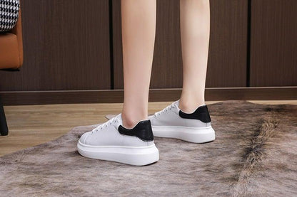 Stevvex women's white leather platform sneakers, lace-up, black heel counter, chunky sole on Tampa Home & Garden Store