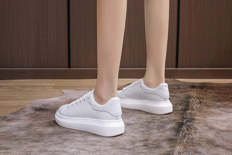 Stevvex white genuine leather platform sneakers with lace-up, chunky sole pair on Tampa Home & Garden Store
