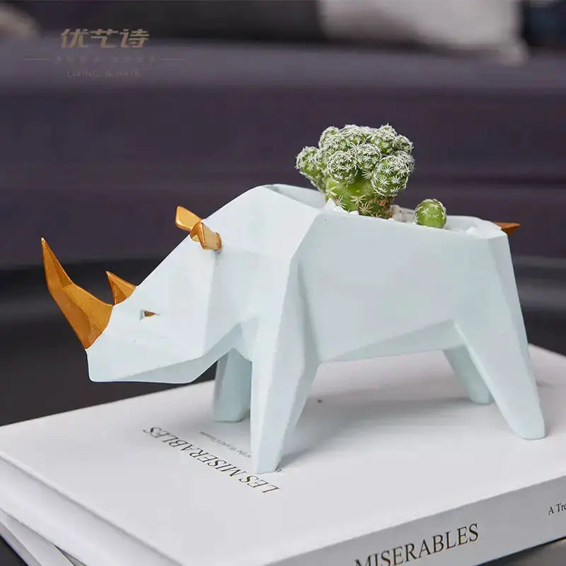 Geometric giraffe 3d papercraft planter in pale gray with orange horns Decorbites decor on Tampa Home & Garden Store