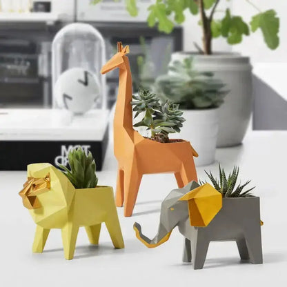 Geometric giraffe 3d papercraft planter with yellow lion and gray elephant by Decorbites on Tampa Home & Garden Store