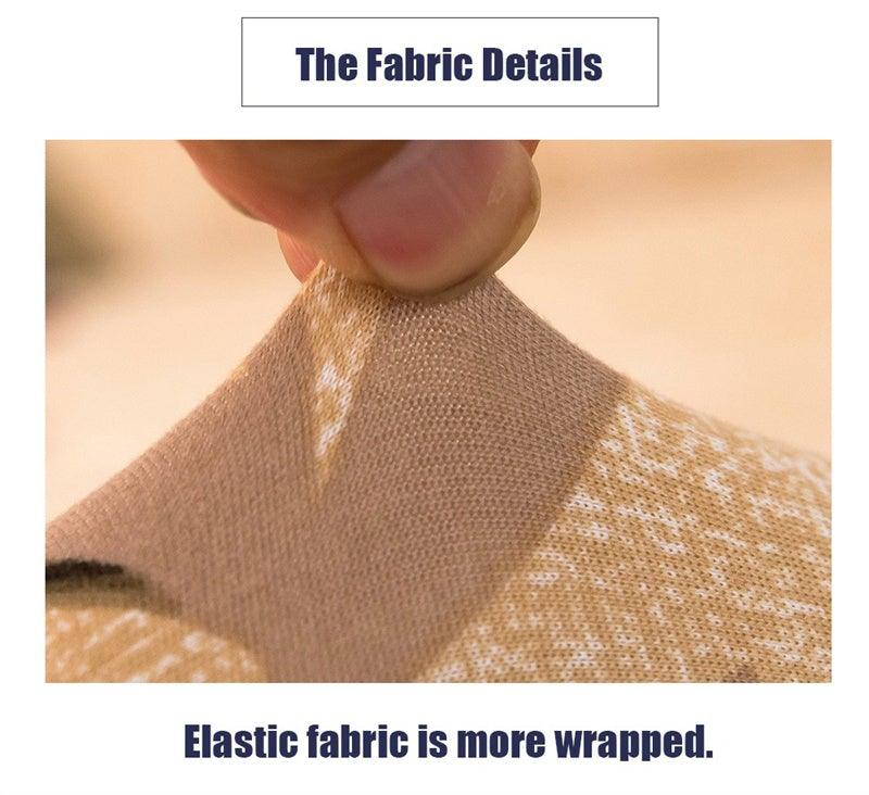 Geometric sofa slipcover fabric being stretched; beige plaid, Stevvex elastic cover sofas on Tampa Home & Garden Store