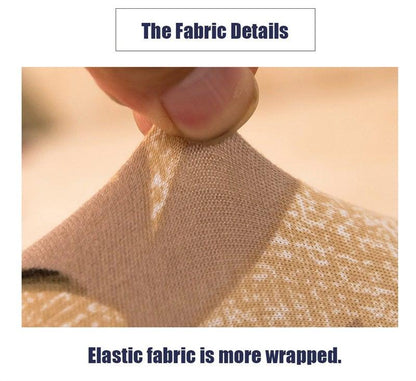 Geometric sofa slipcover fabric being stretched; beige plaid, Stevvex elastic cover sofas on Tampa Home & Garden Store