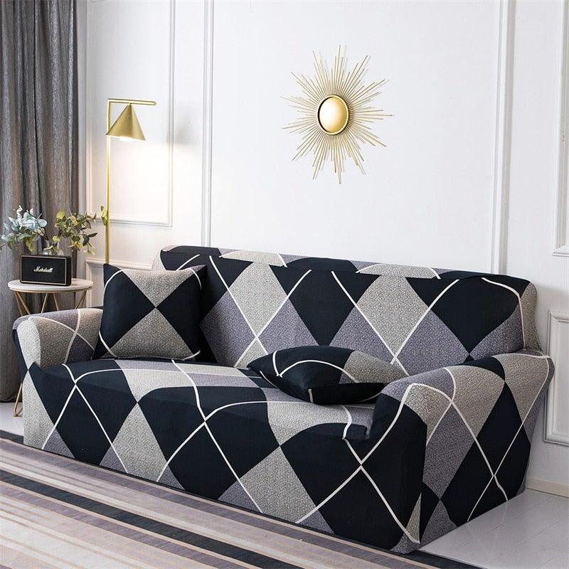 Geometric plaid sofa slipcover by Stevvex on a 3-seat sofa with matching cushions on Tampa Home & Garden Store