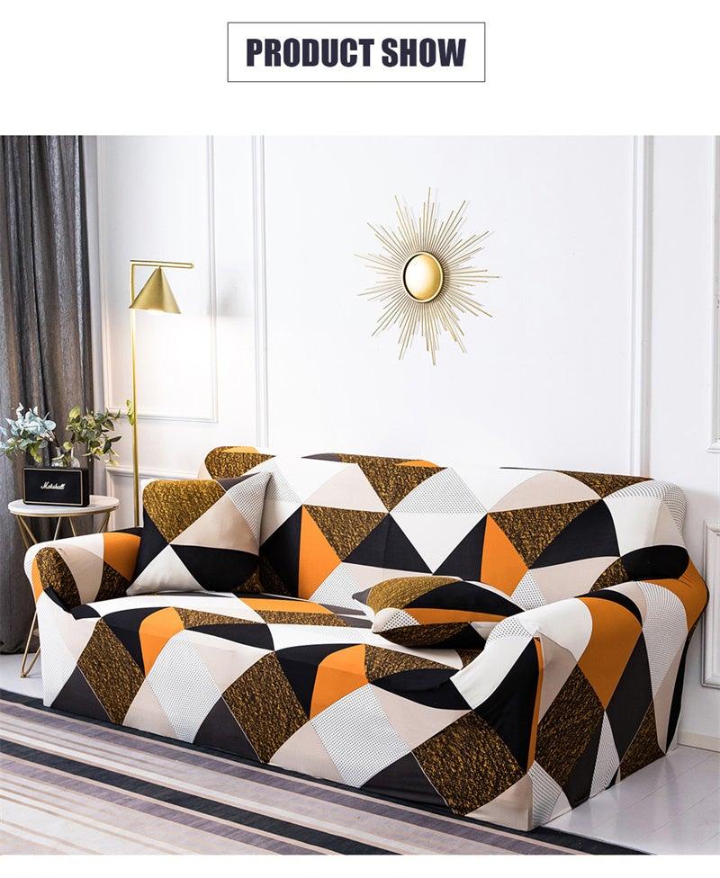 Geometric sofa slipcover for a 3-seat couch in orange, black, white and beige on Tampa Home & Garden Store