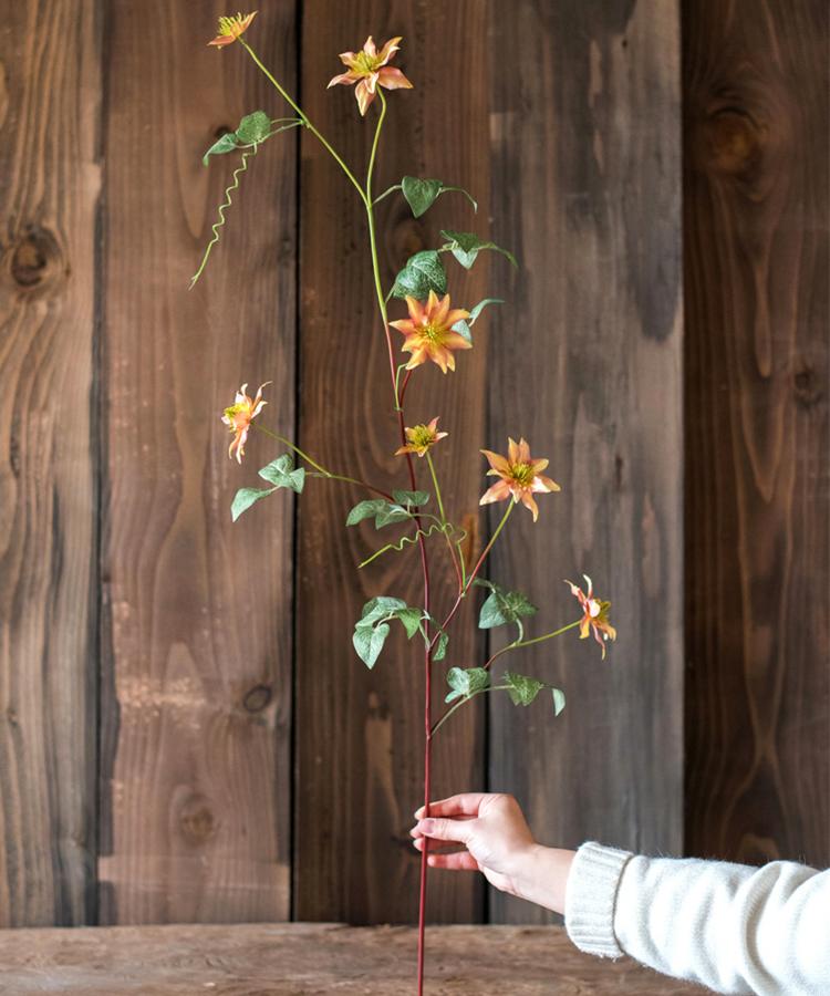 Faux silk German Clematis flower stem, orange, 40" tall with green leaves, RusticReach on Tampa Home & Garden Store