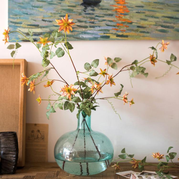 Faux Silk German Clematis flower stem in orange, 40-inch tall, RusticReach in turquoise vase on Tampa Home & Garden Store