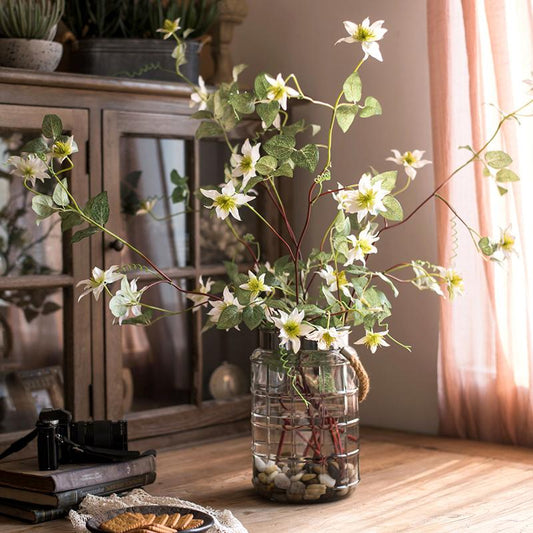 Faux Silk German Clematis Flower Stem White, 40in tall, RusticReach in glass jar on Tampa Home & Garden Store