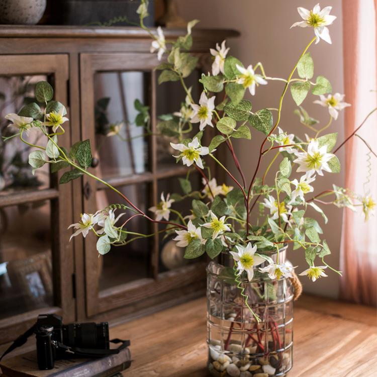 Faux Silk German Clematis Flower Stem White, 40 in tall, RusticReach in clear glass vase on Tampa Home & Garden Store