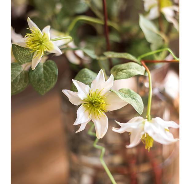Faux silk German Clematis flower stem in white, 40in tall with green leaves by RusticReach on Tampa Home & Garden Store