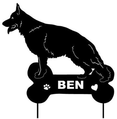 German Shepherd statue wall art silhouette in black with bone-shaped base reading BEN on Tampa Home & Garden Store