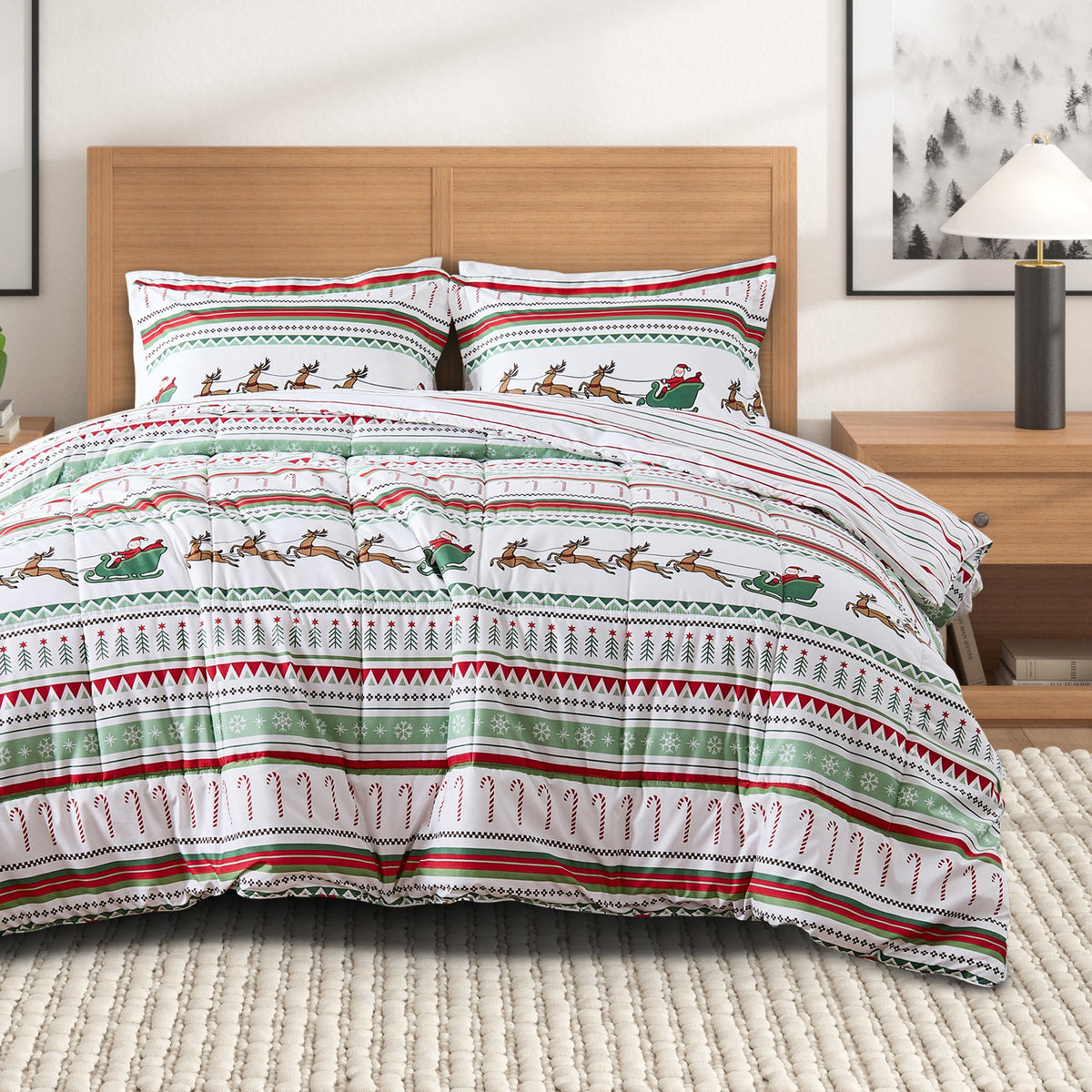 Reversible Christmas comforter set with sham Great Bay Home, red-green stripes and reindeer on Tampa Home & Garden Store