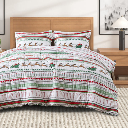 Reversible Christmas comforter set with sham Great Bay Home, red-green stripes and reindeer on Tampa Home & Garden Store