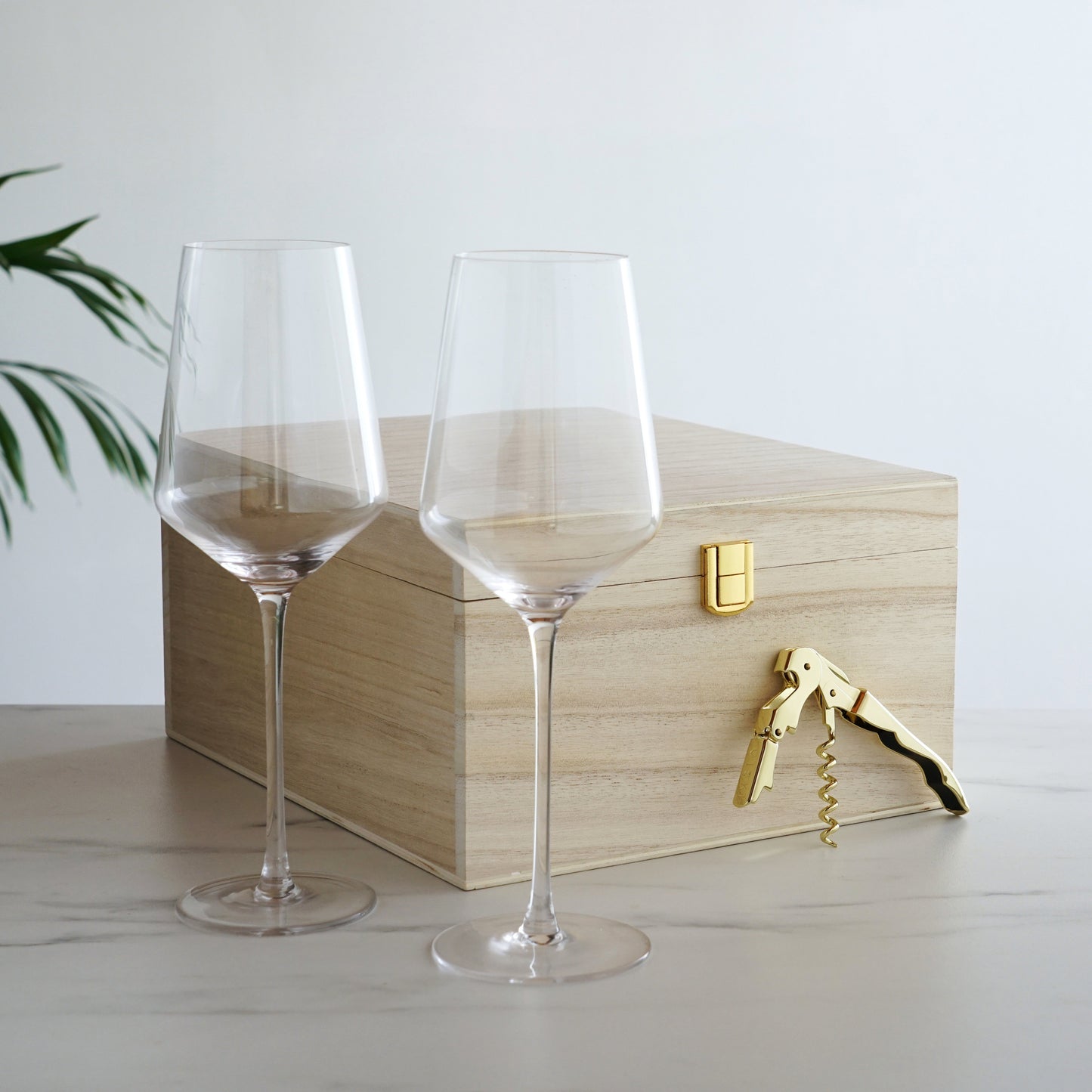 Crystal Wine Glasses and Gold Corkscrew Gift Set