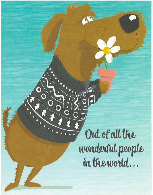 Thank You Card for Wonderful People featuring a dog in a gray sweater holding a pink daisy on Tampa Home & Garden Store