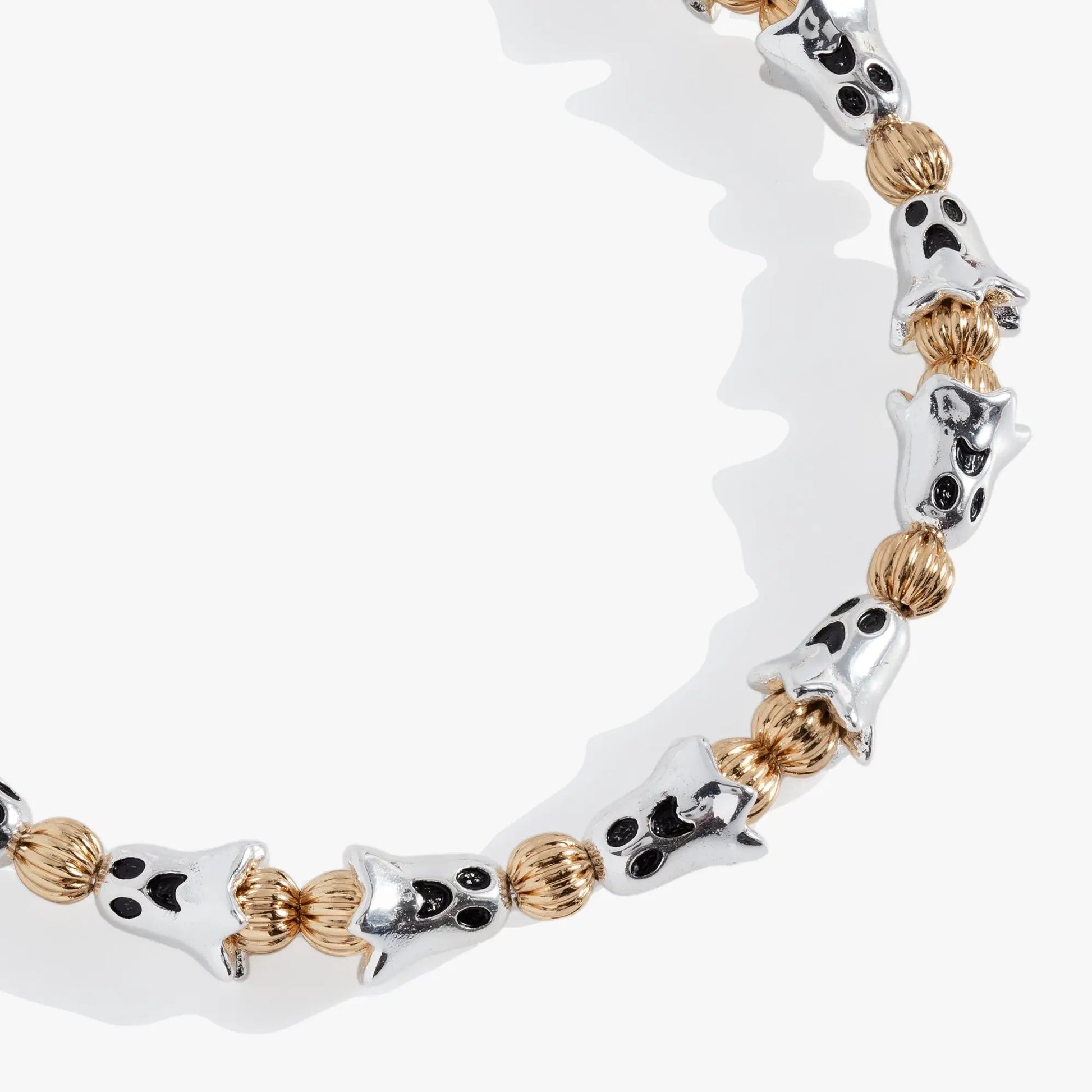 Ghost Beaded Bangle by ALEX AND ANI with silver skull beads and gold ribbed spacers on Tampa Home & Garden Store
